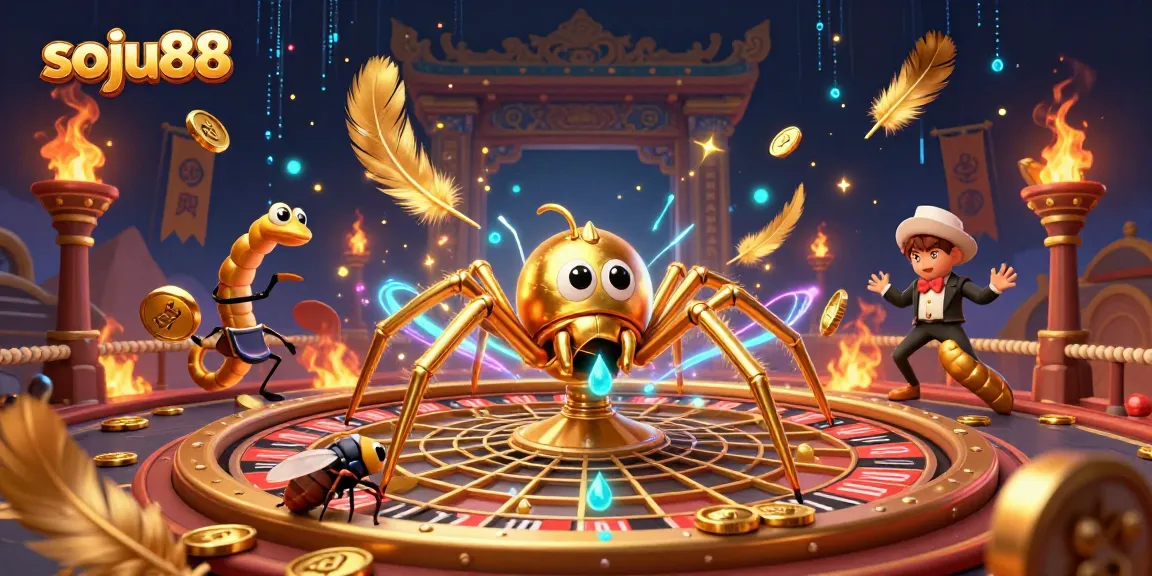 Place bets with soju88 in a vibrant casino scene featuring a golden spider and a centipede croupier.
