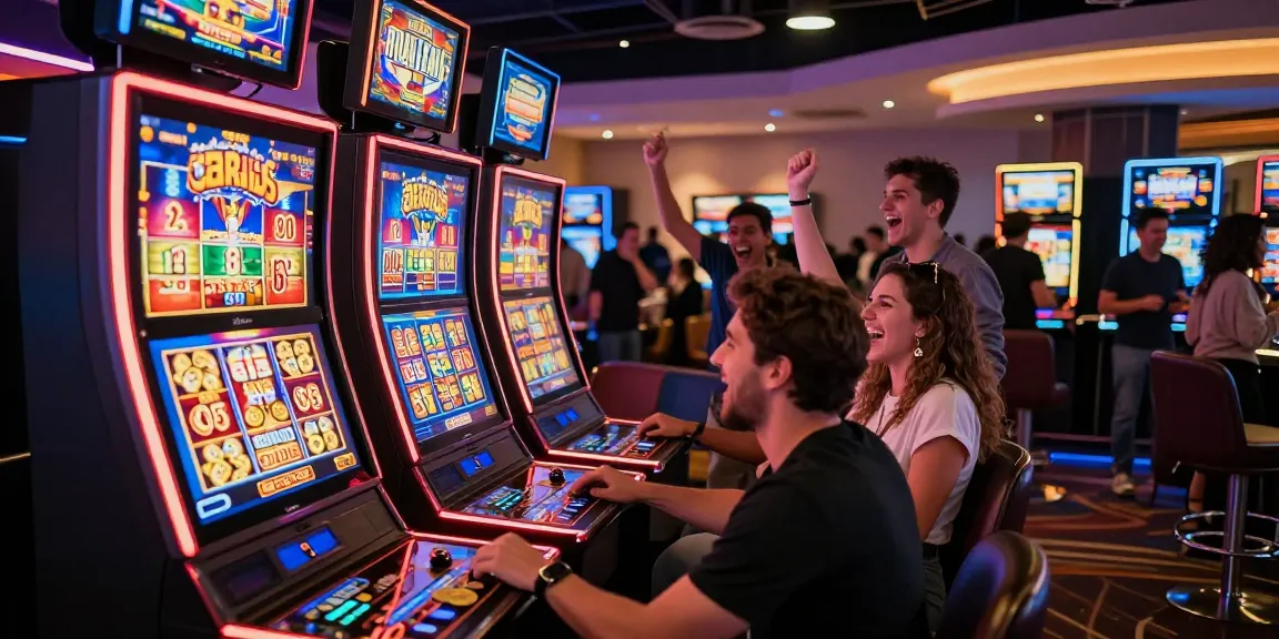 Permainan slot di kasino yang meriah, teman-teman merayakan kemenangan sambil dikelilingi lampu neon.