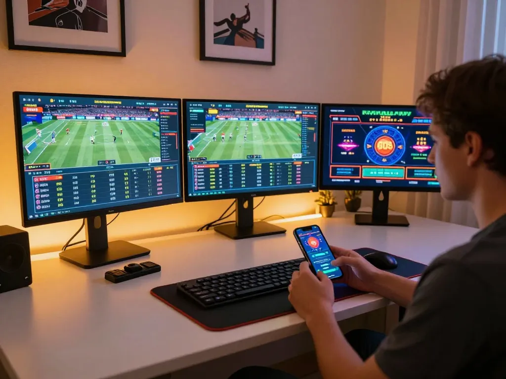 IDNSCORE betting strategies displayed on multiple screens in a dynamic online gaming setup