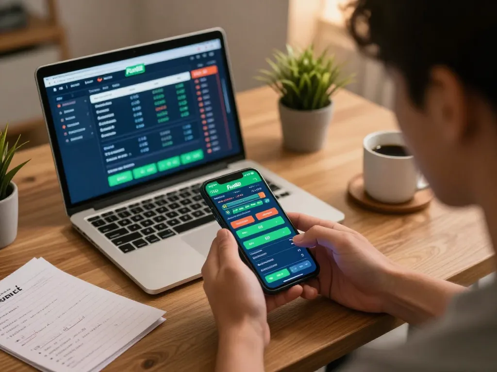 Engaging with the Fun88 app for sports betting in a cozy home setup, showcasing dynamic betting options.