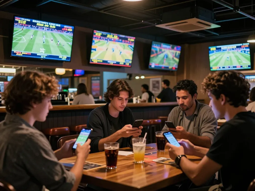 Engaged patrons placing bets on nk88 app while watching sports in vibrant sports bar.