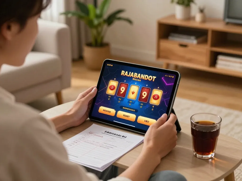 Engaging in RAJABANDOT macau online gaming at home with tablet and strategy notes.