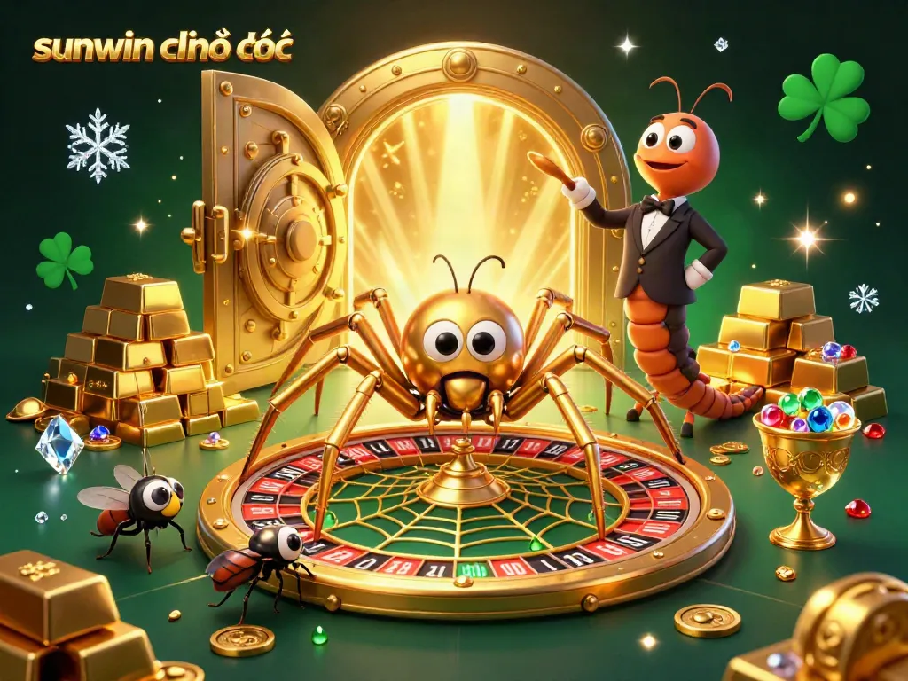 Experience thrilling bets with sunwin chính thức as a golden spider spins a roulette wheel amidst treasure and gems.