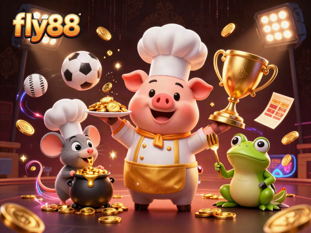 Experience winning moments at fly88 with vibrant 3D illustration of a chef pig and dynamic sports elements.