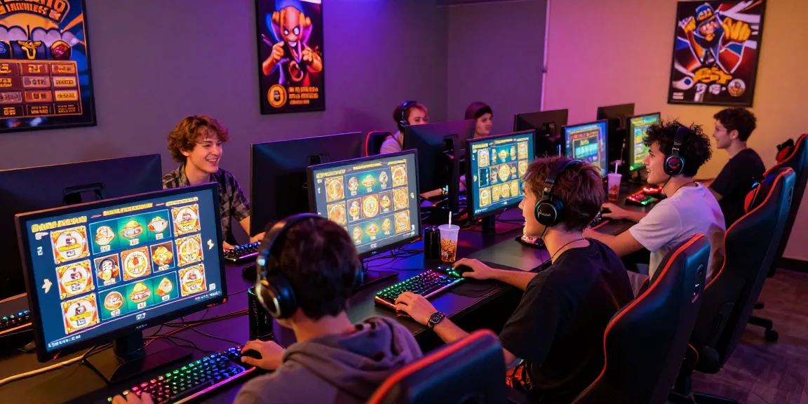 Excited gamers enjoying toto slot games in a vibrant gaming lounge