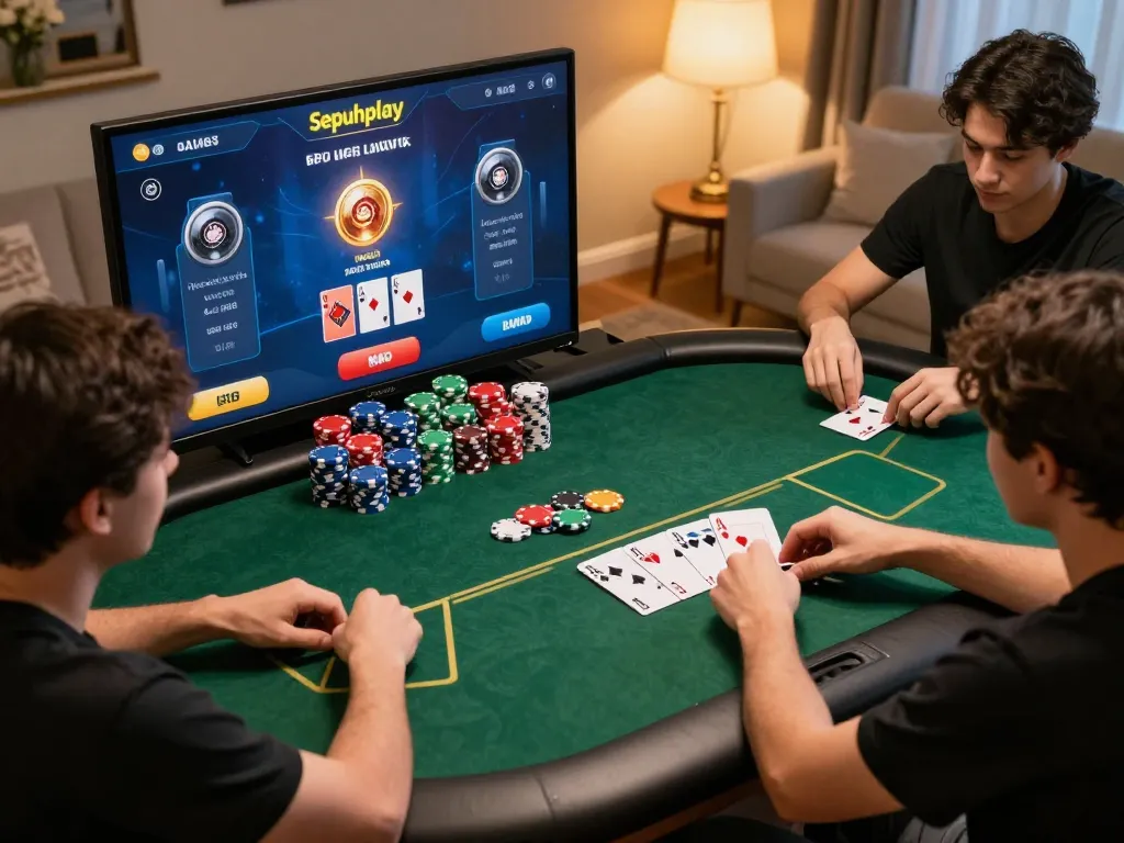 Engaging poker game on Sepuhplay platform with vibrant chips and focused players creating an exciting atmosphere.
