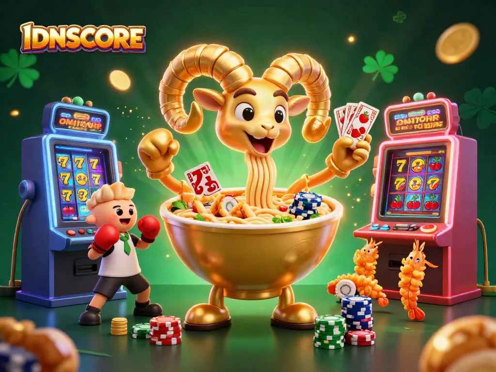 Engage in dynamic gaming with IDNSCORE, featuring a playful ramen bowl dealer amidst vibrant casino icons.