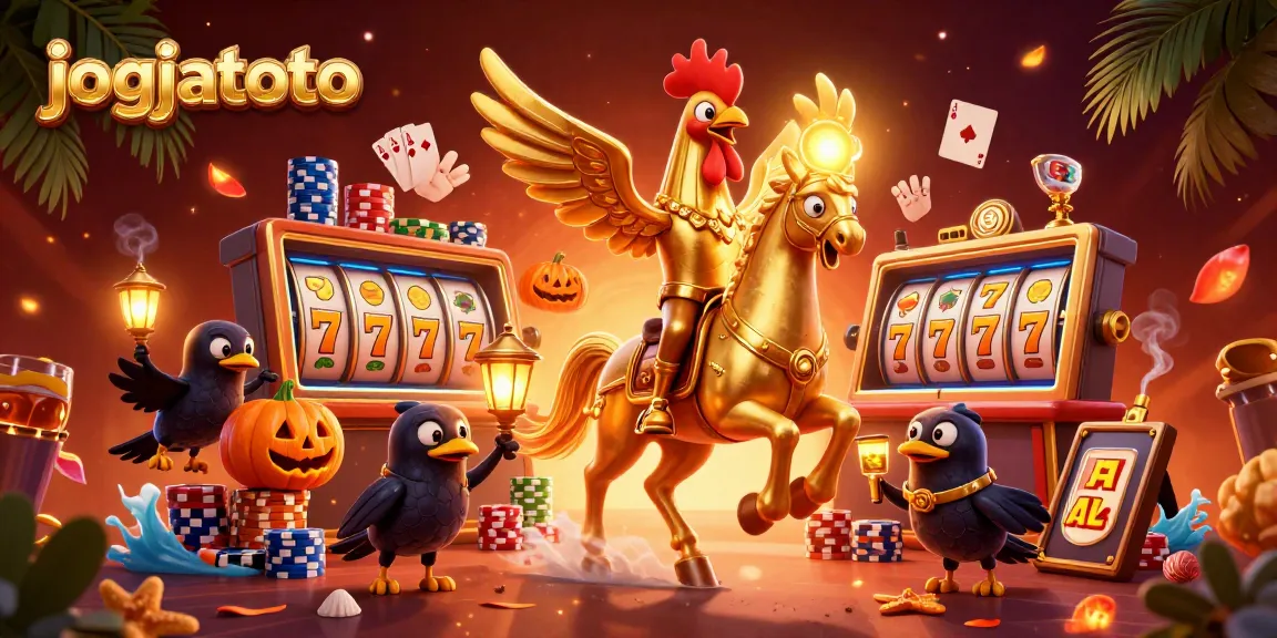 Experience the thrill of jogjatoto with a golden rooster in a vibrant casino setting, showcasing exciting slot elements.