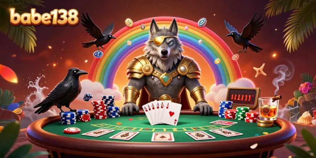 Gambarkan aksi seru di babe138 dengan karakter Odin dan burung gagak di jembatan chip kasino.