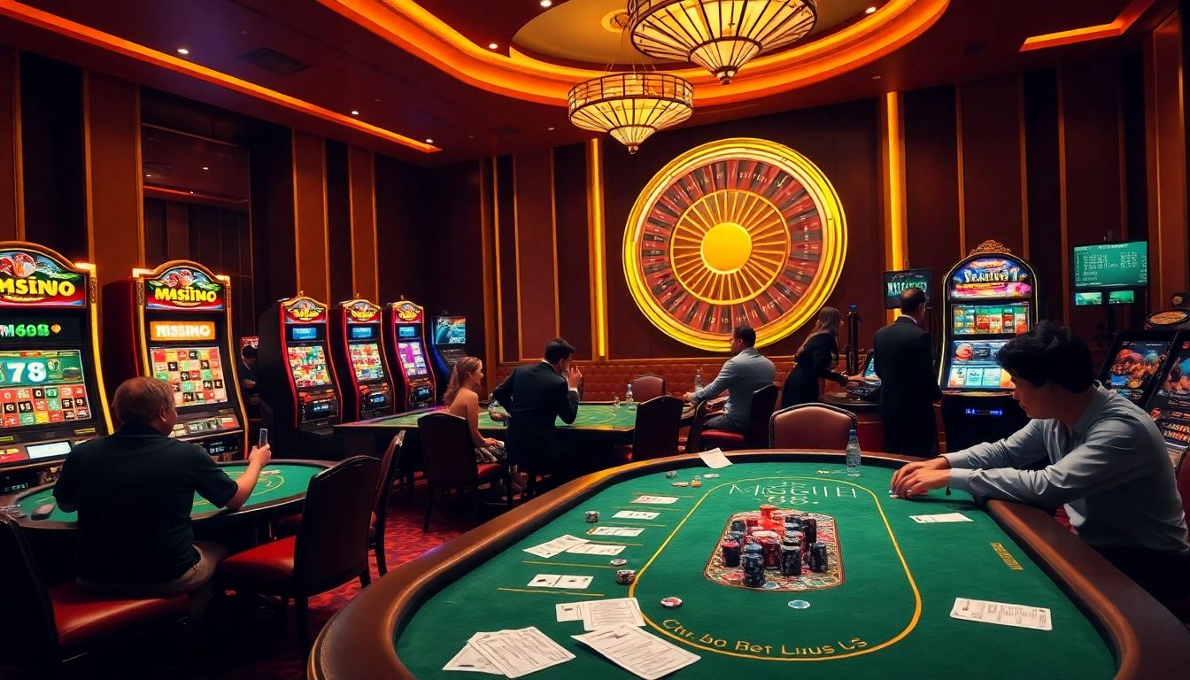 Players enjoying games at an MM88 casino with vibrant slot machines and poker tables.
