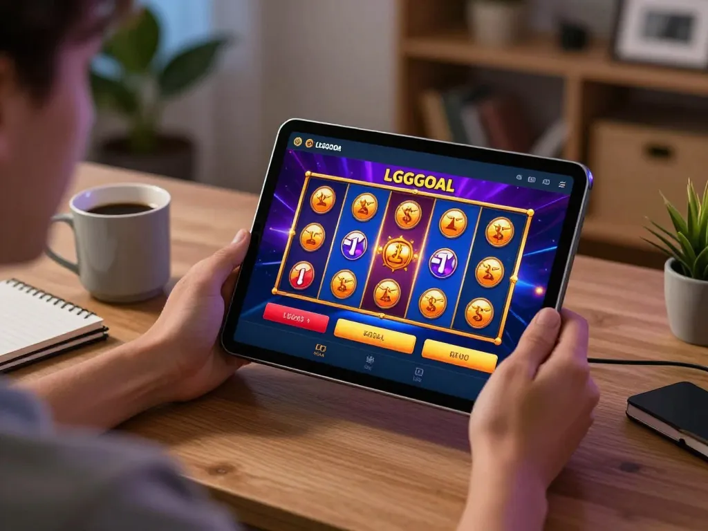 Engaging with the LGOGOAL casino app while enjoying a cozy home atmosphere, focusing on online slots.