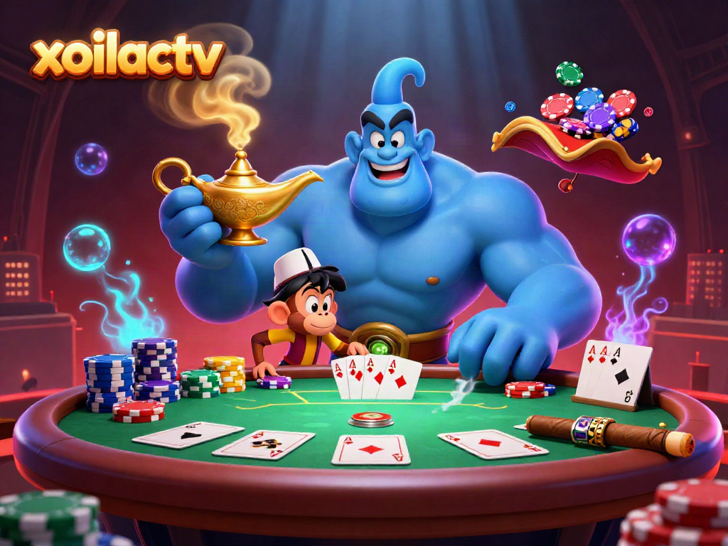 Experience the magic of xoilactv with a muscular genie and poker elements in a vibrant 3D scene.