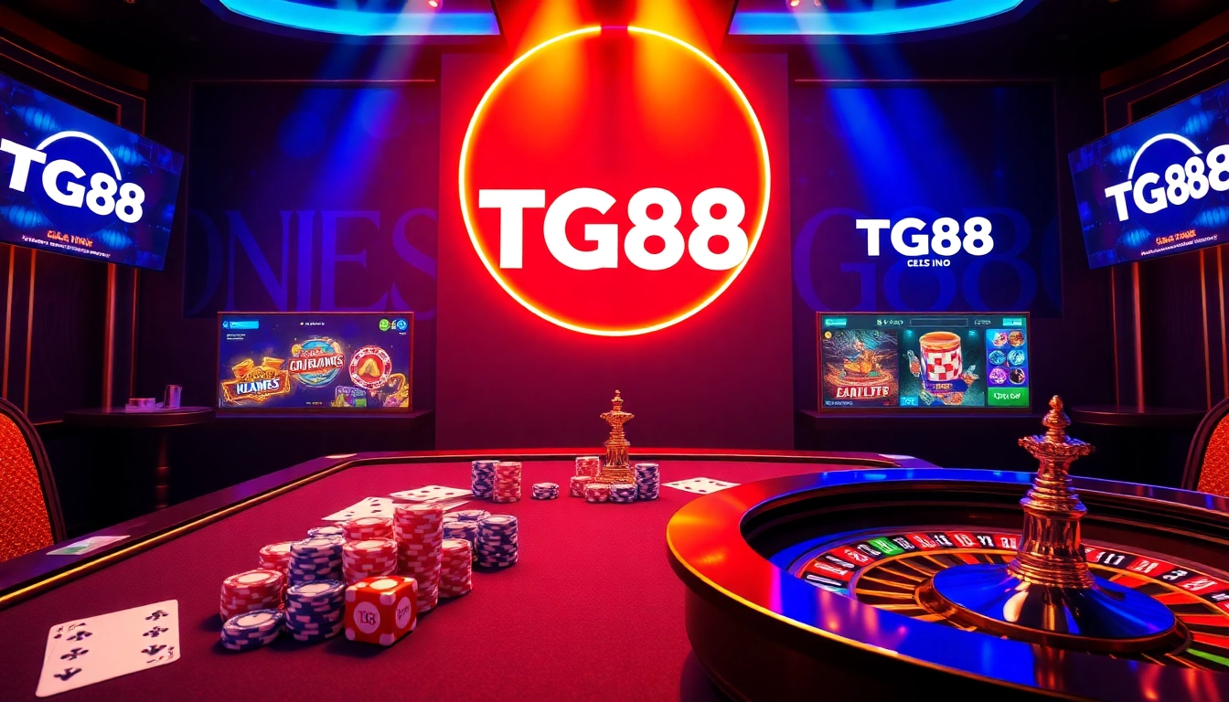 Experience exciting gambling at TG88 online casino with vibrant poker chips and roulette wheel.