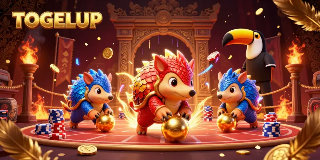Experience the thrilling TOGELUP showdown between rival pangolins in a dynamic casino setting, rolling golden balls and chips.