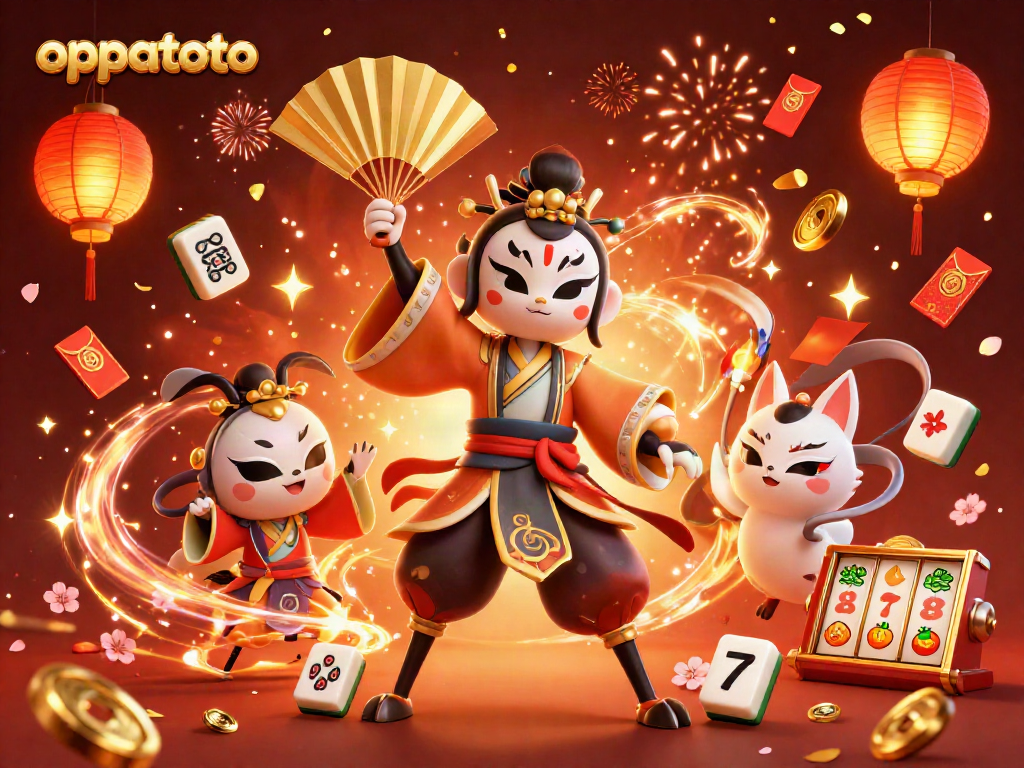 Experience the thrill of oppatoto with vivid gaming elements in a dynamic casino celebration scene.