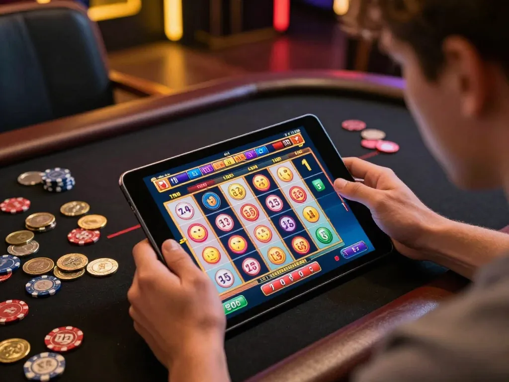 Engaging player spins a toto slot game on a tablet showcasing vibrant graphics and game interface.