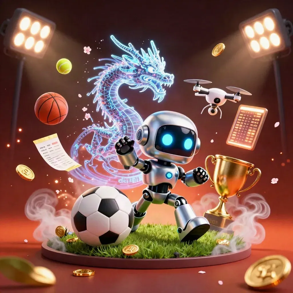Robot cyberpunk, naga holografik, bola, trofi, koin, dan cahaya stadion meledak dramatis.