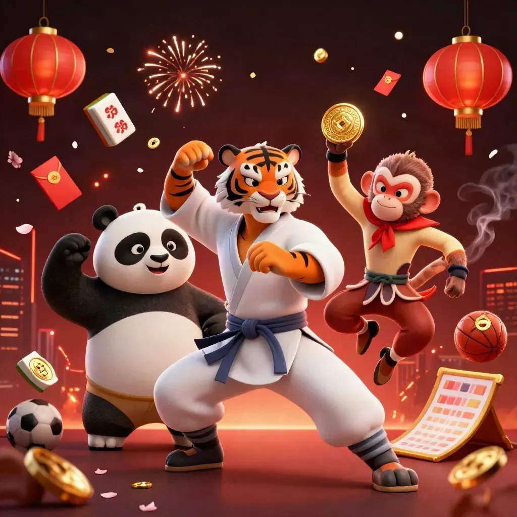 Harimau kung-fu, panda, dan monyet di ledakan simbol kasino emas-merah.