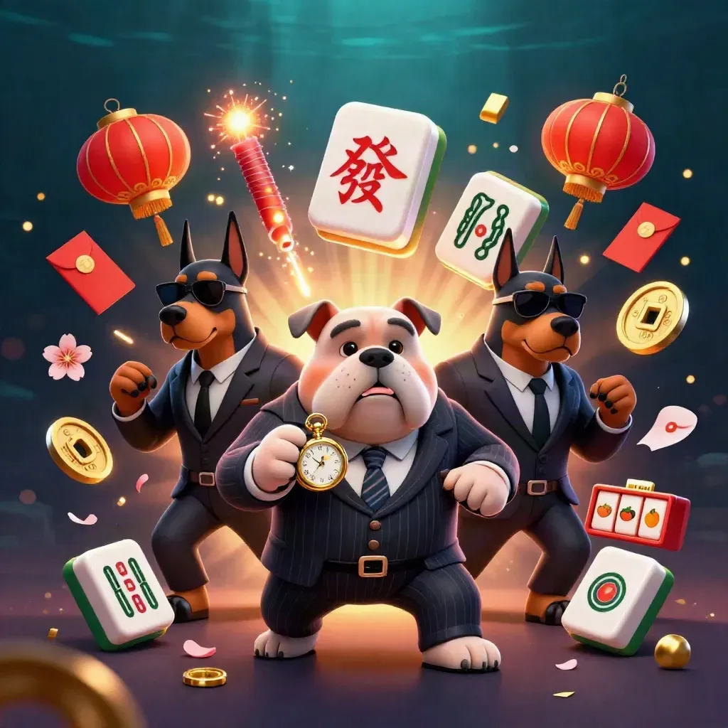 Bulldog bos mafia dan dua Doberman dikelilingi ubin mahjong, lampion, koin, dan efek harta meledak.