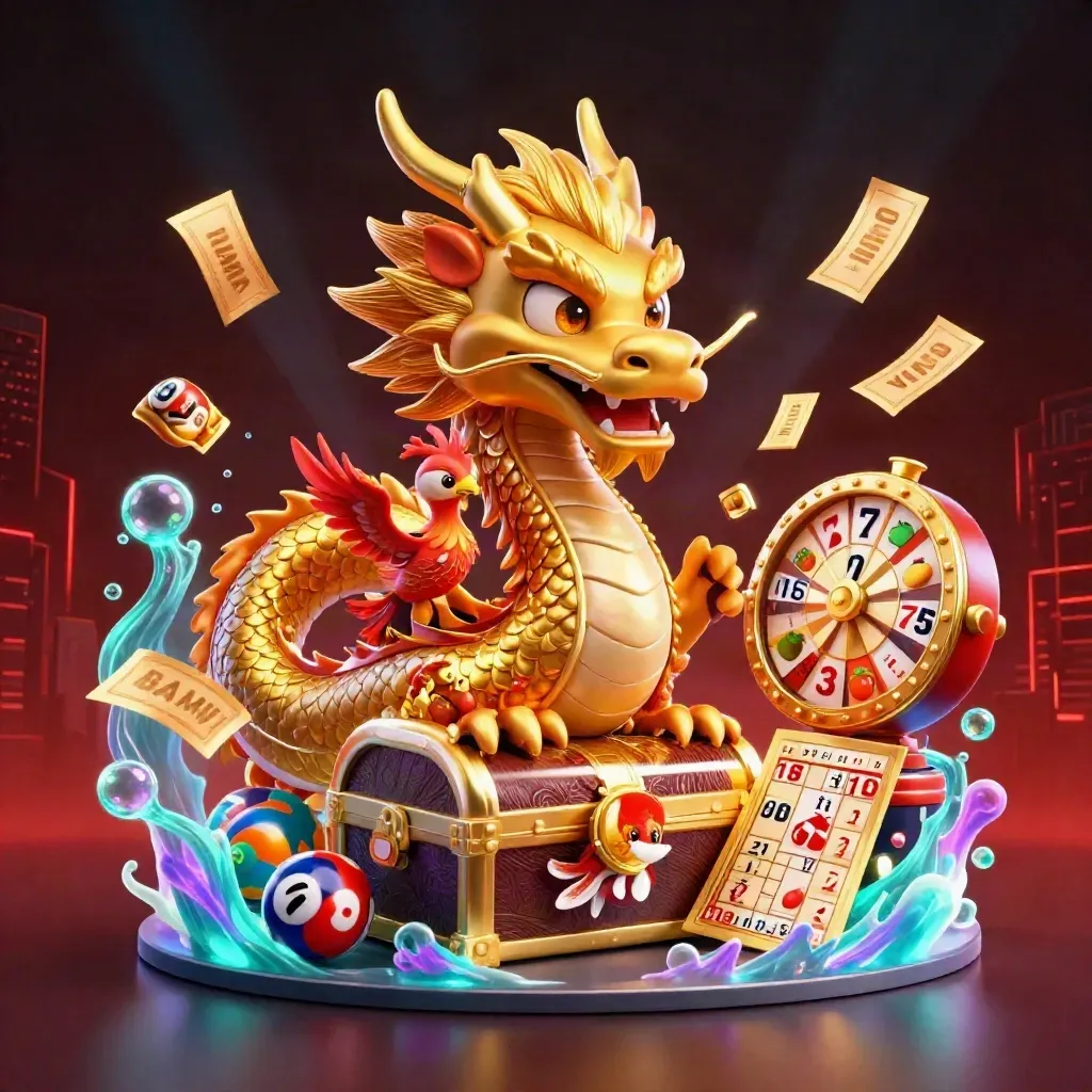 Naga emas, phoenix merah, koi dan harta meledak di latar kasino neon mewah.