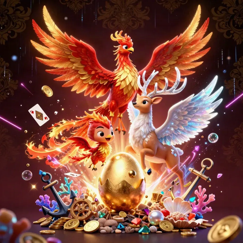 Phoenix, rusa bertanduk kristal, dan bayi phoenix di harta karun laut mewah.
