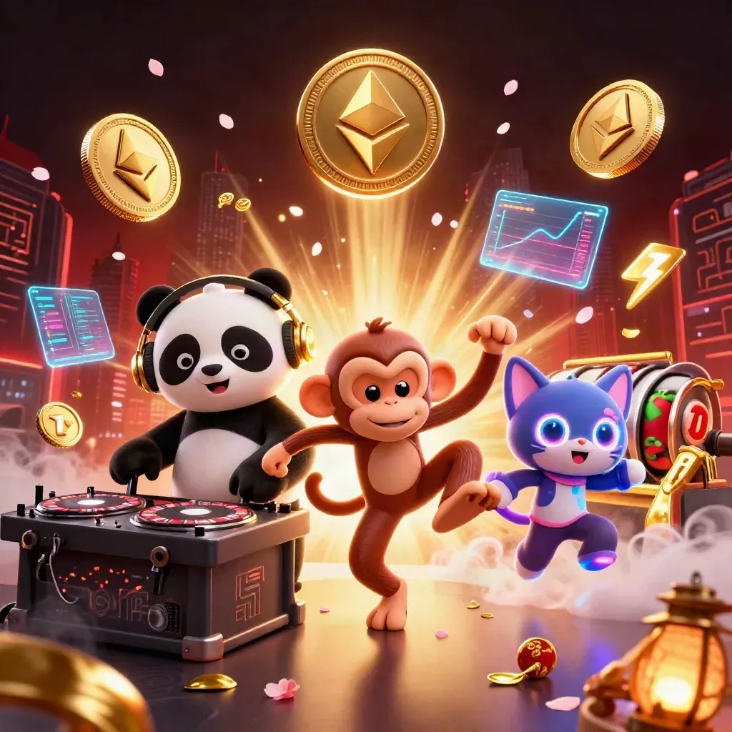 Panda DJ, monyet breakdance, dan kucing rave di tengah kilau koin kripto dan slot mewah.