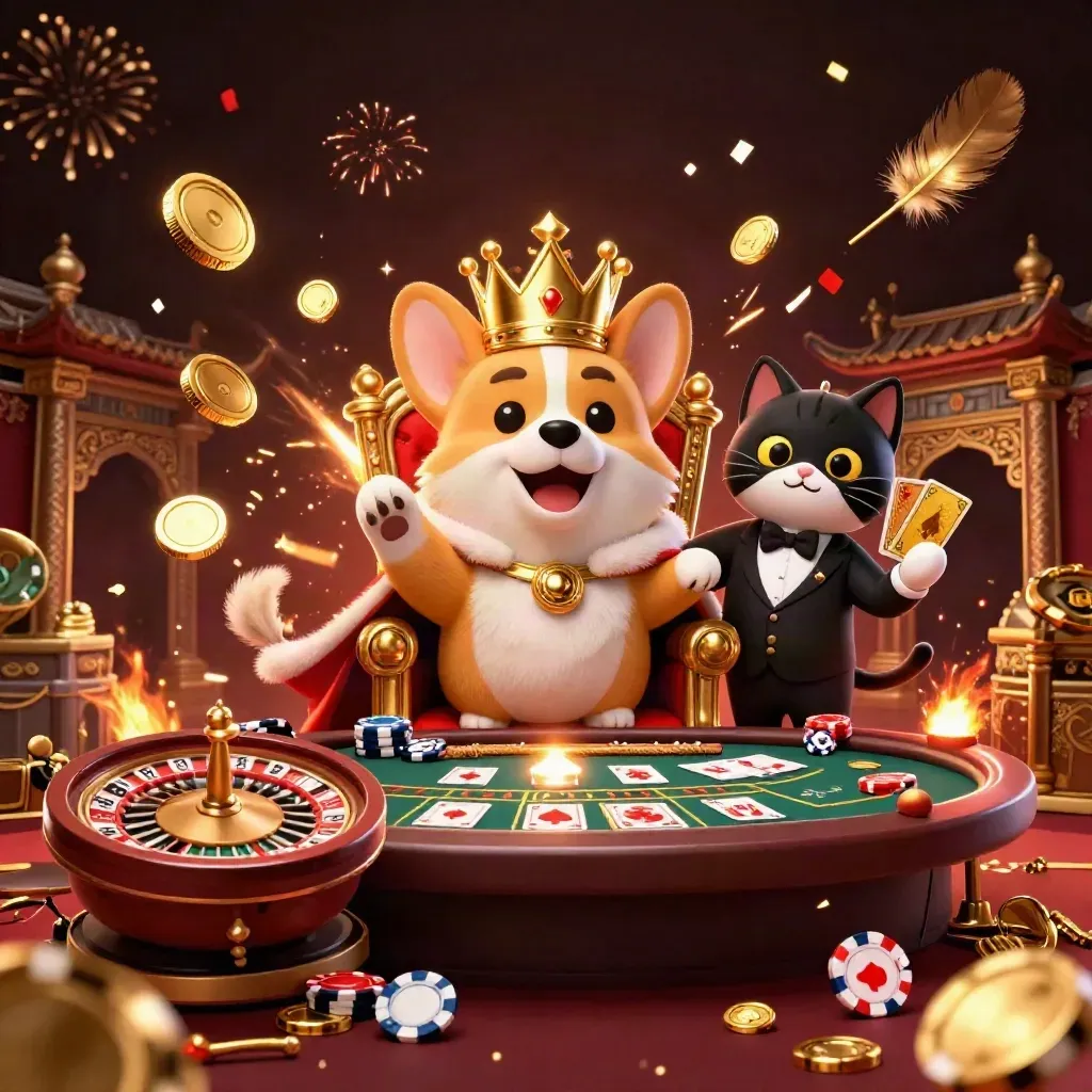 Kucing butler dan corgi kerajaan di tengah ledakan koin, kartu, dan efek kasino mewah.