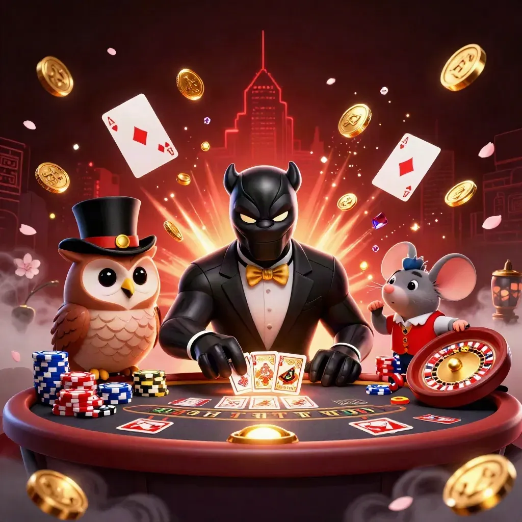Panther, burung hantu, dan tikus di kasino, dikelilingi koin emas, kartu, dan roda roulette.