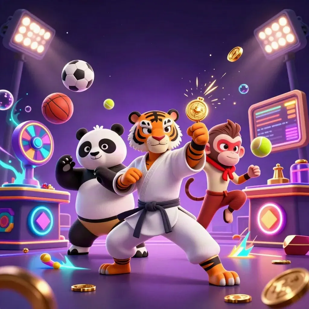 Harimau, panda, dan monyet di adegan kasino mewah dengan roda roulette dan kilau emas.