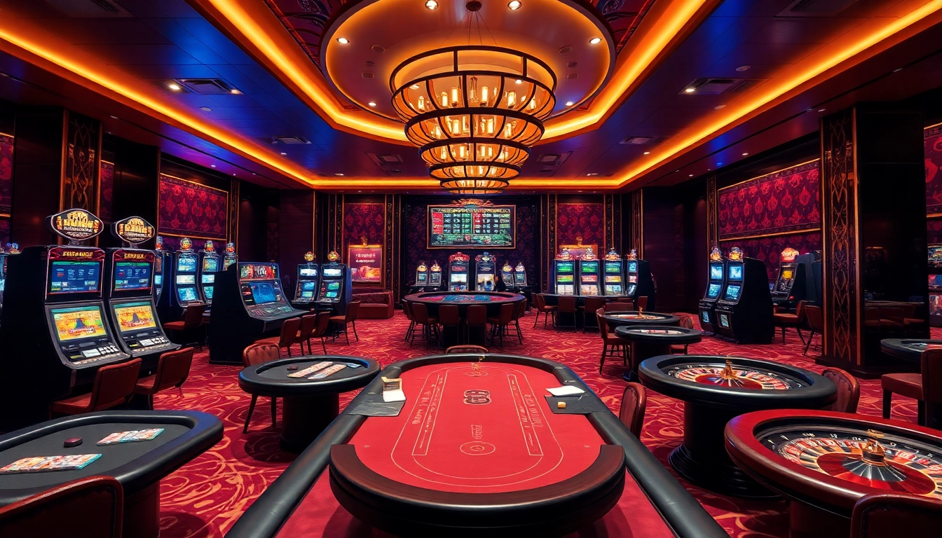 rr88 trang chính showcases an upscale online casino environment with vibrant slot machines and poker tables, illustrating high-stakes excitement.