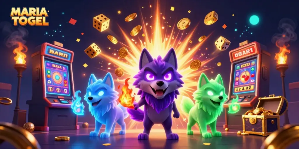 MARIATOGEL gaming experience with glowing wolves, slots, and jackpots bursting with coins.