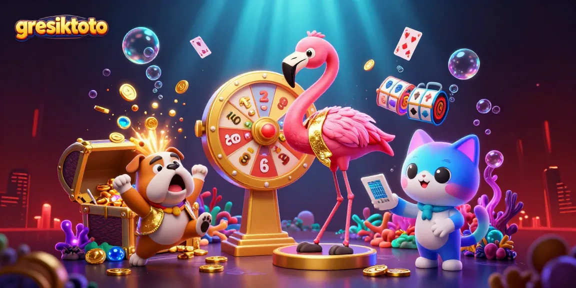 Engage with the exciting world of gresiktoto through gameplay with a vibrant golden prize wheel and animated characters.