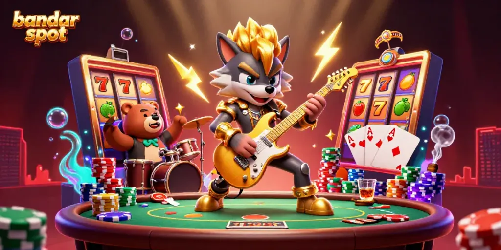 Bermain bandar slot dengan karakter animasi menarik, slot, dan chip poker yang dinamis.