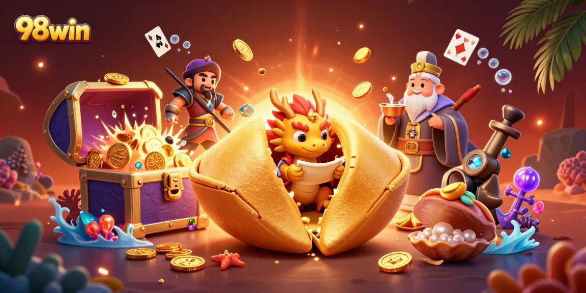 Experience thrilling gaming with 98win in this dynamic illustration featuring a golden fortune cookie and underwater treasures.
