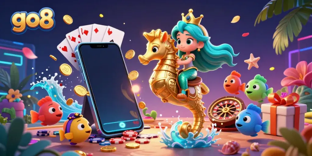 Spin the reels with go8's vibrant casino adventure featuring a mermaid princess and golden seahorse.