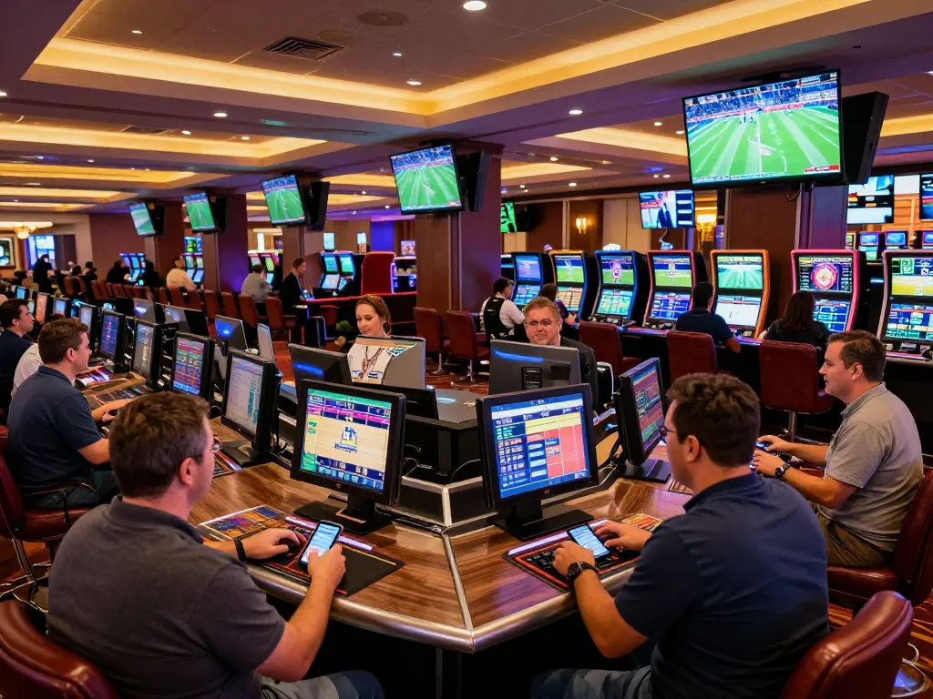 IDNSCORE sports betting activity in a vibrant casino setting, with patrons placing bets and watching live events.