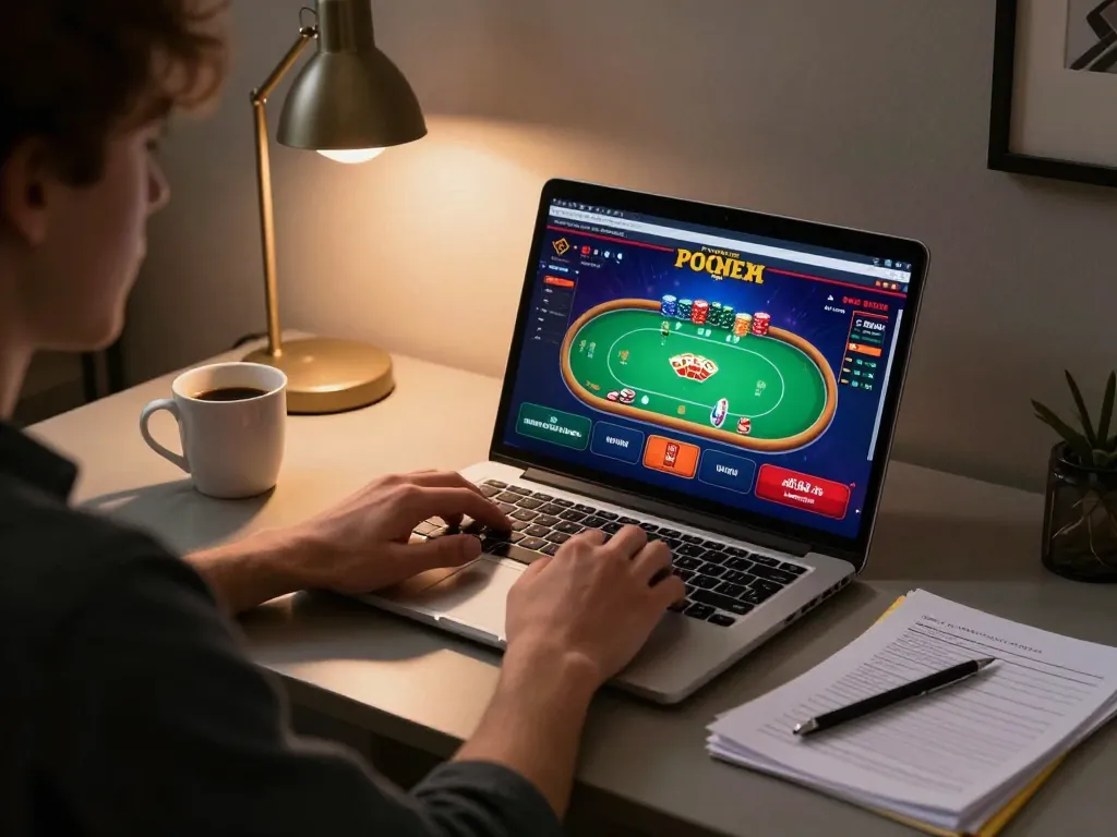 Player engaged in a poker game on 78win's online platform, showcasing a cozy gaming setup.