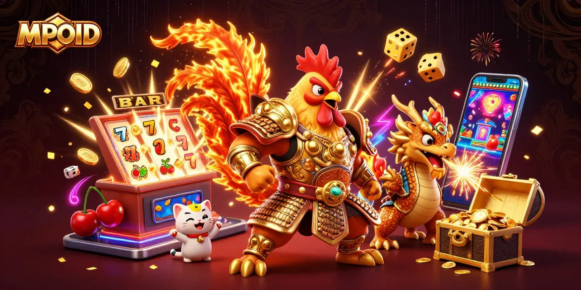 MPOID offers exciting casino gaming experiences with a dynamic scene featuring a fighting rooster warrior and dragon hatchling.