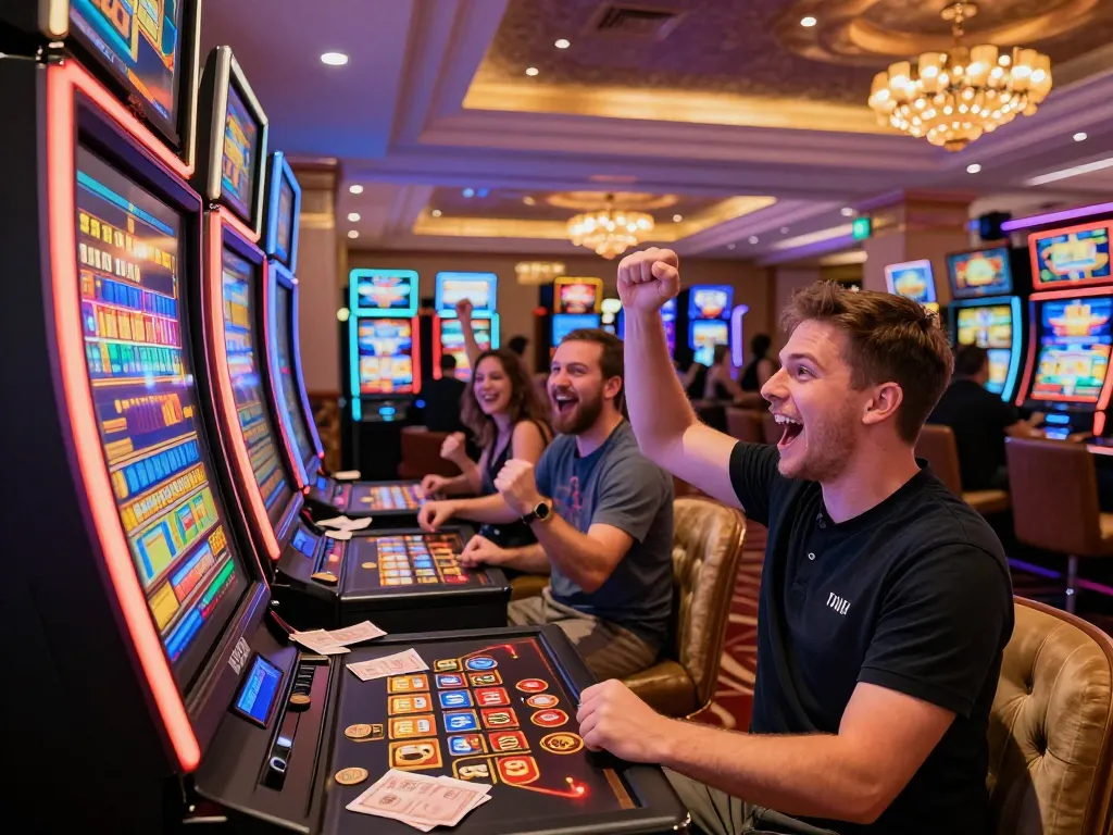 Exciting nổ hũ mb66 gaming moment capturing a player winning at a slot machine, vibrant atmosphere.