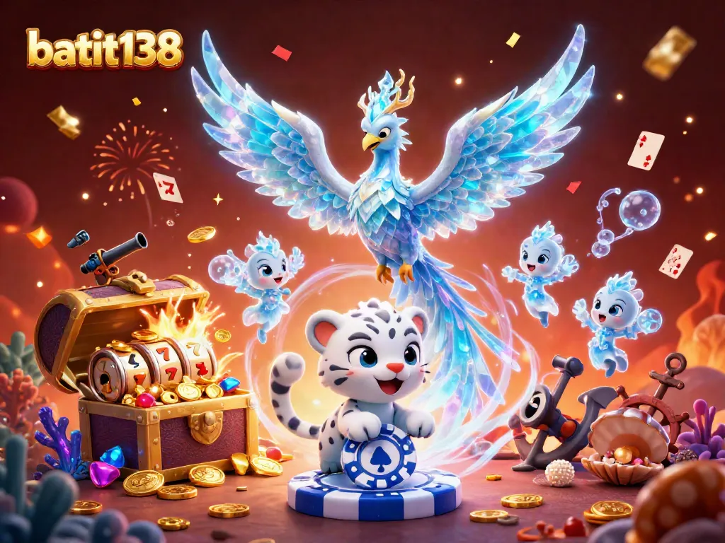 Gambarkan batik138 dengan phoenix es dan harimau salju merayakan kemenangan jackpot dalam kasino.
