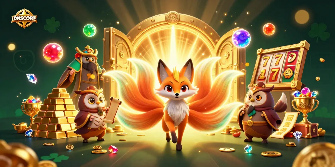 Experience IDNSCORE's vibrant gaming adventure with a mystical fox and wise sage amidst treasures and slot reels.