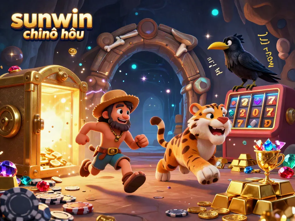 Experience sunwin chính thức in a vibrant casino scene, featuring a duo of characters surrounded by shimmering treasures and dynamic elements.