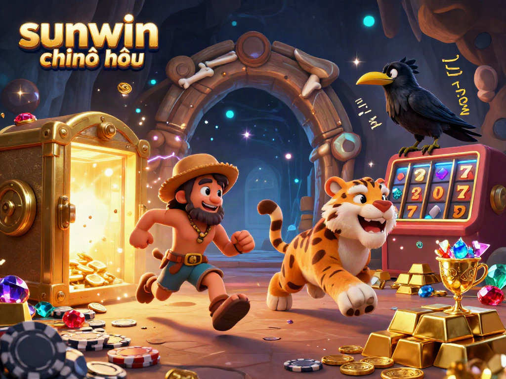 Experience sunwin chính thức in a vibrant casino scene, featuring a duo of characters surrounded by shimmering treasures and dynamic elements.