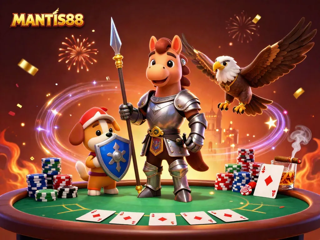 Play exciting poker with MANTIS88 as a knight and puppy embark on a casino adventure.