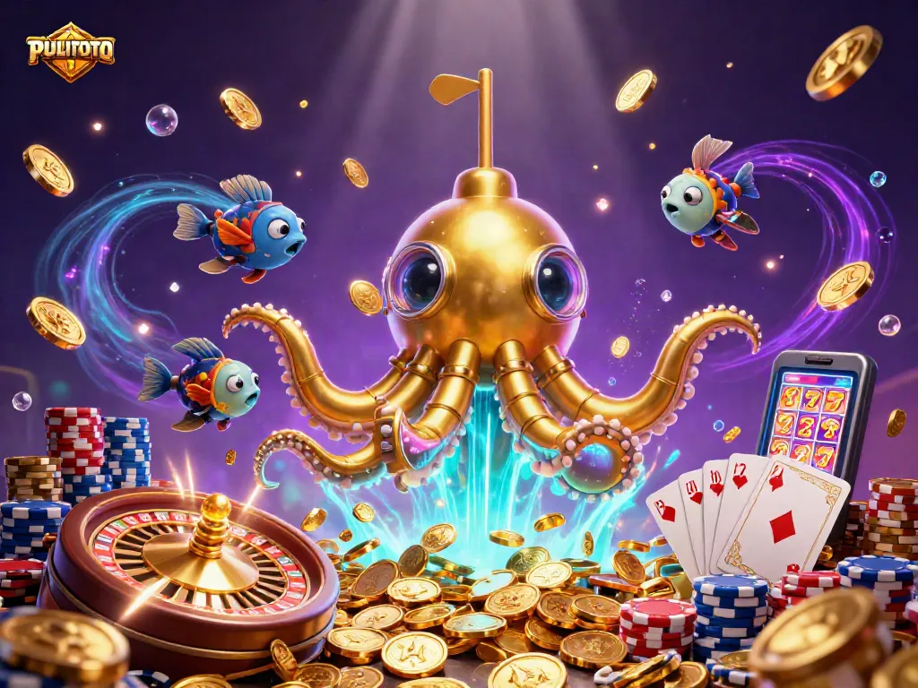 PULITOTO reveals vibrant 3D kraken submarine amidst golden coins, charming gamblers with lavish casino elements.