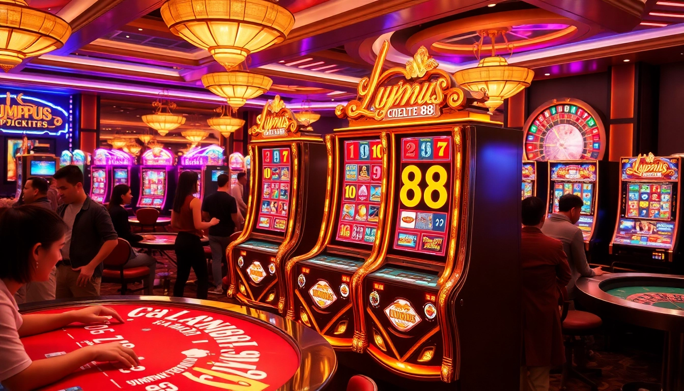 Playing the OLYMPUS88 slot machine in a vibrant casino with poker chips and cards.