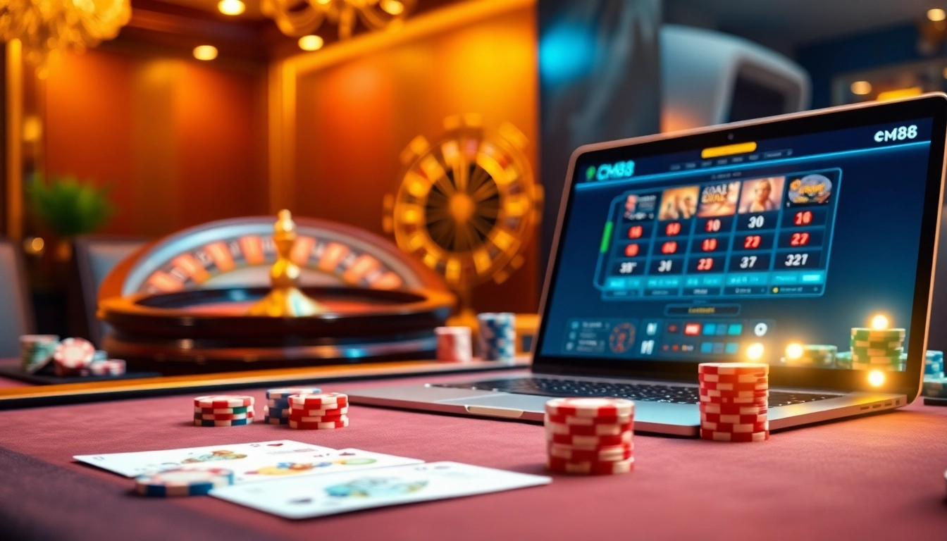 Engage with thrilling online betting at nhà cái cm88 with vibrant casino elements like poker chips and roulette.