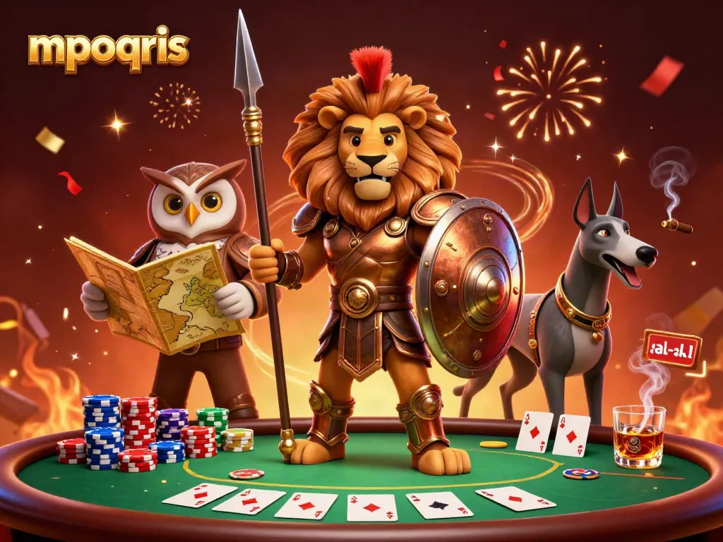 Gambarkan mpoqris dalam suasana kasino dengan karakter kartun beraksi di meja poker yang penuh warna.