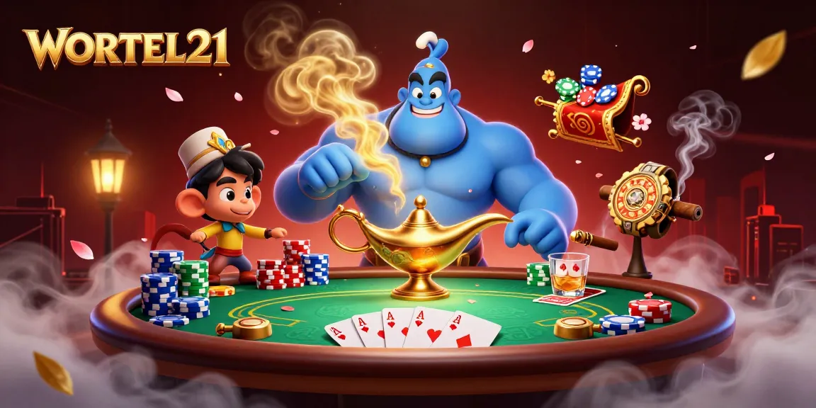 Win big with WORTEL21 in this vibrant casino scene featuring a magical genie and poker elements.