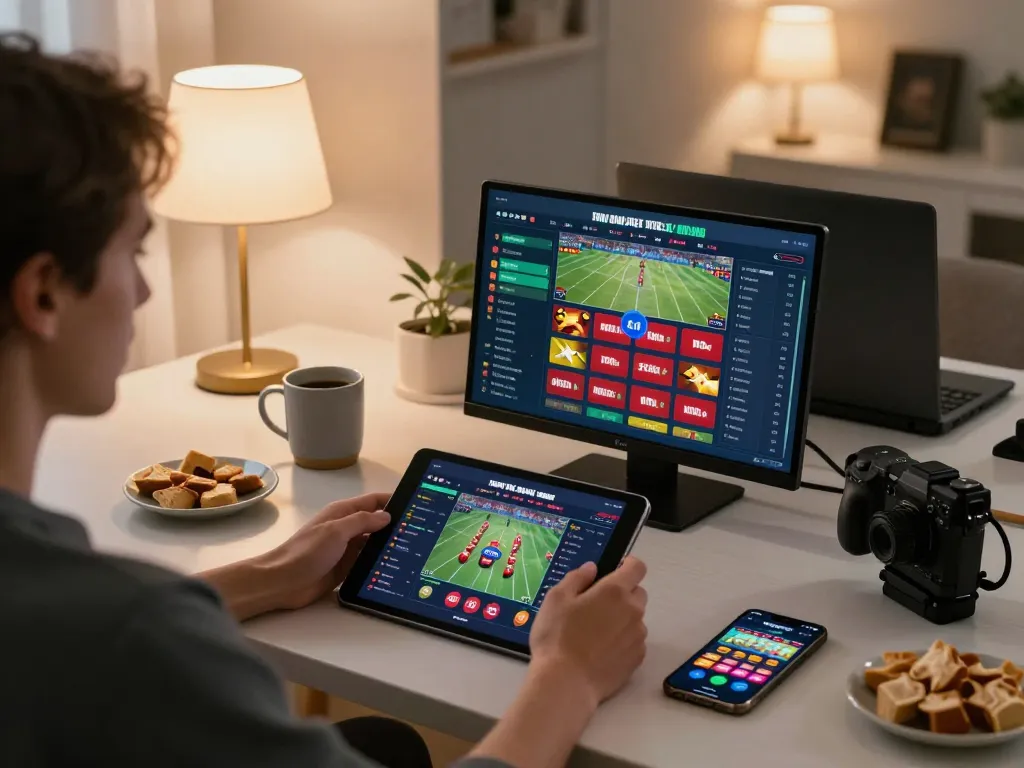 78win player betting online in a cozy home setting, showcasing tablet and snacks